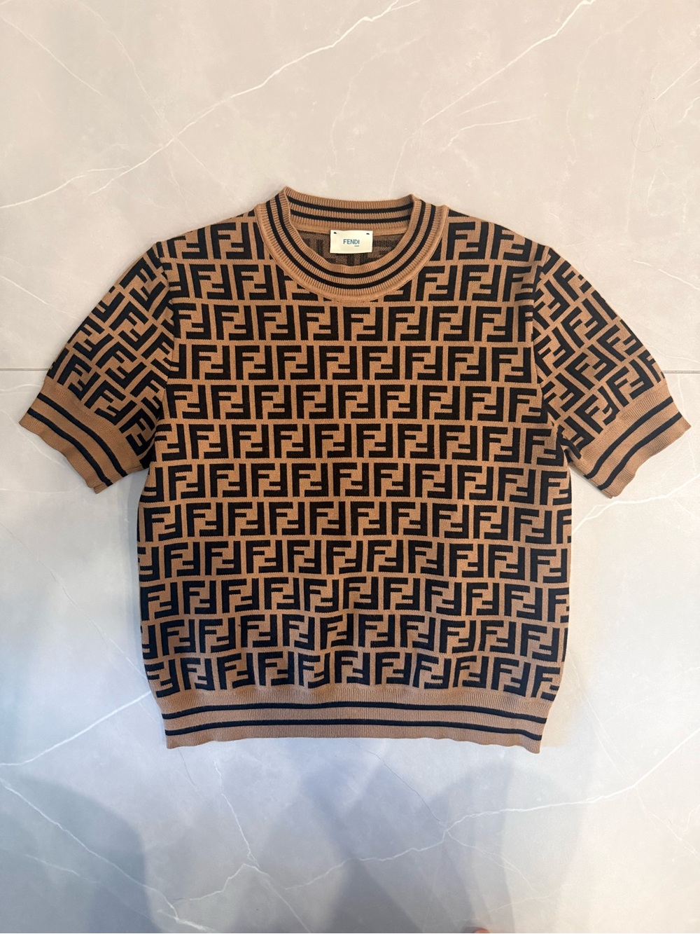 Fendi Brown FF Logo Short-Sleeve Sweater